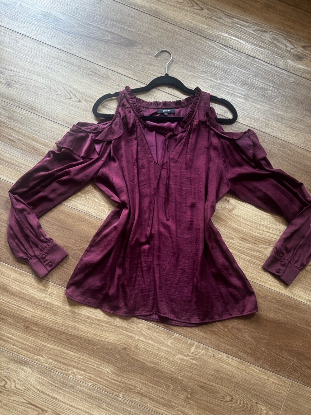 Miss Me Burgundy Cold-Shoulder Ruffle Blouse